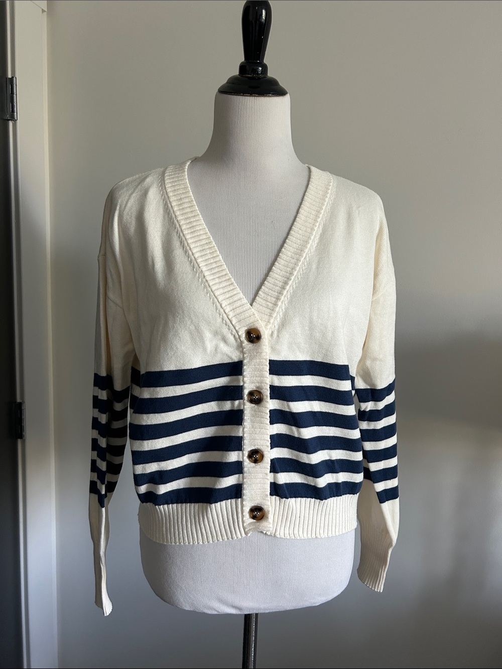 Bobi black S new  Cream and Navy Striped Button-Up Cardigan Sweater